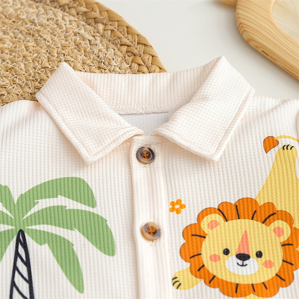 Casual Animal Printed Polo Neck Short Sleeve Baby Jumpsuit