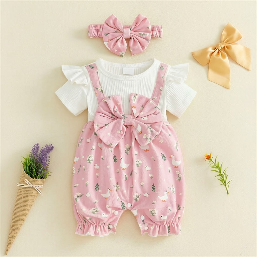 2PCS Floral Goose Printed Short Sleeve Baby Jumpsuit