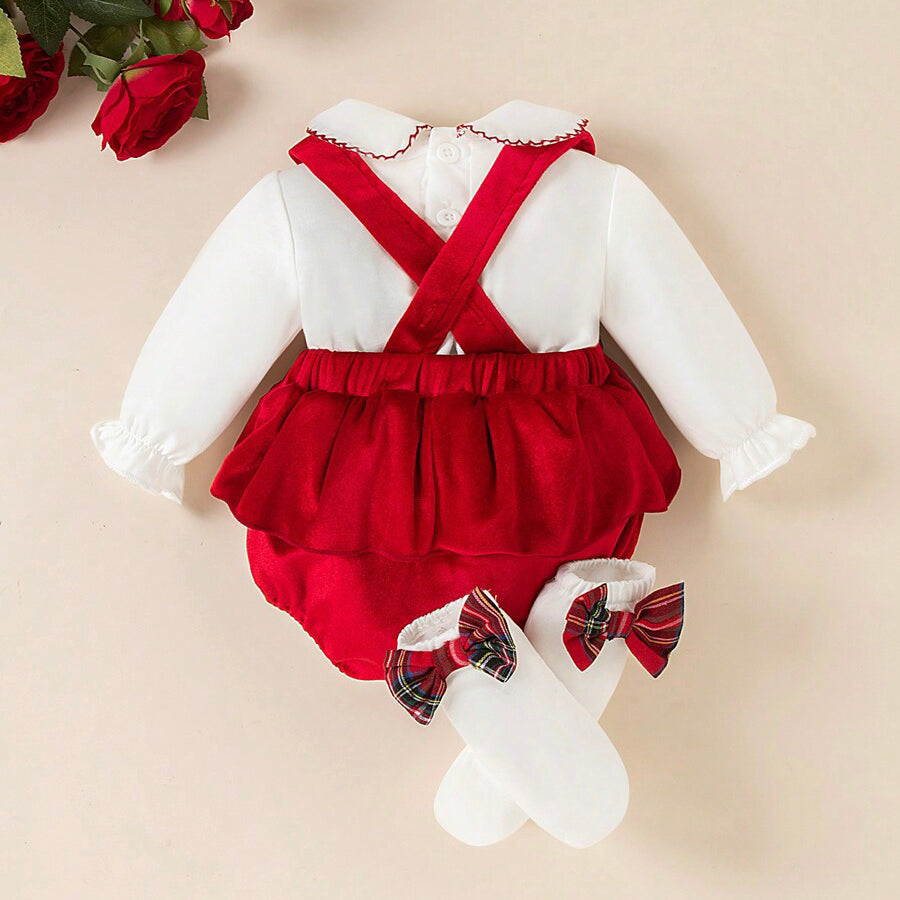 3PCS Solid Color Cute Bow Overalls Baby Set