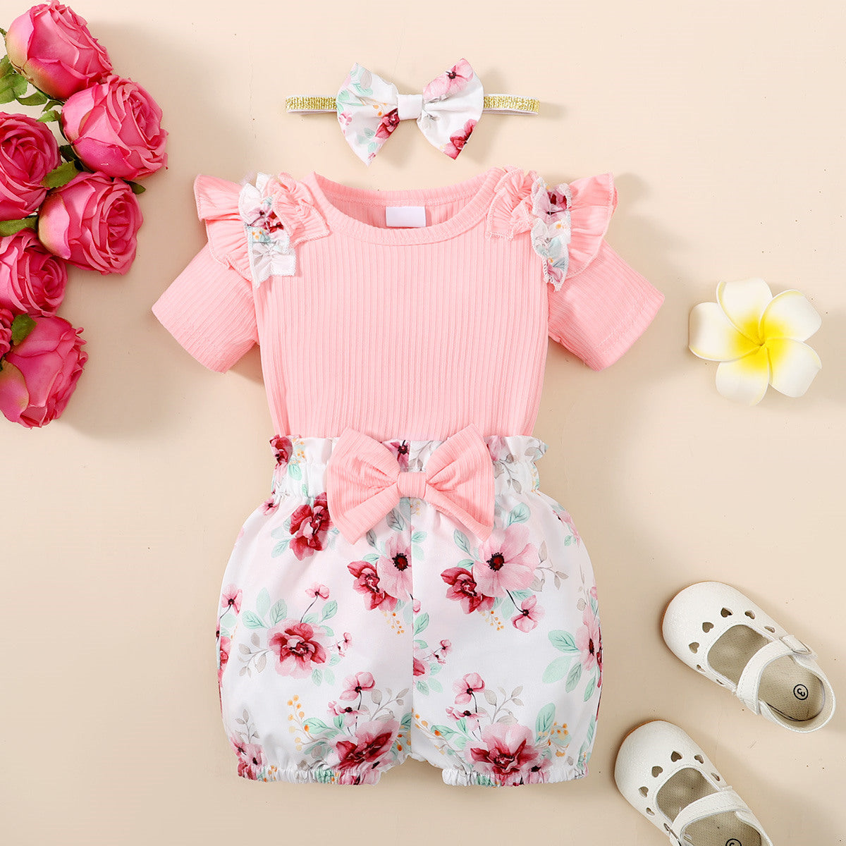 3PCS Solid Color Romper with Floral Printed Shorts Baby Set