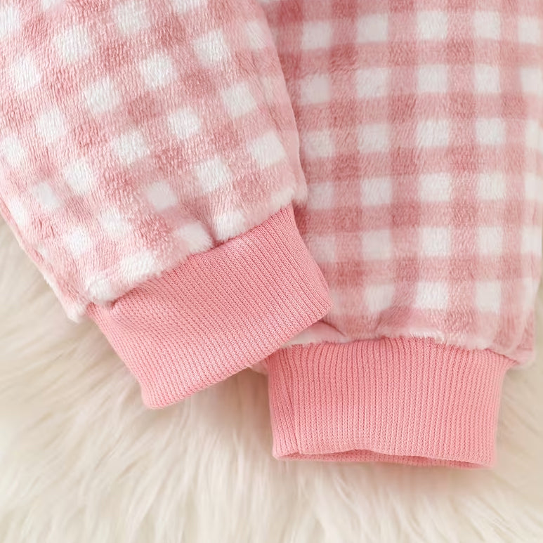 2PCS Fuzzy Plaid Printed Hooded Long Sleeve Baby Set