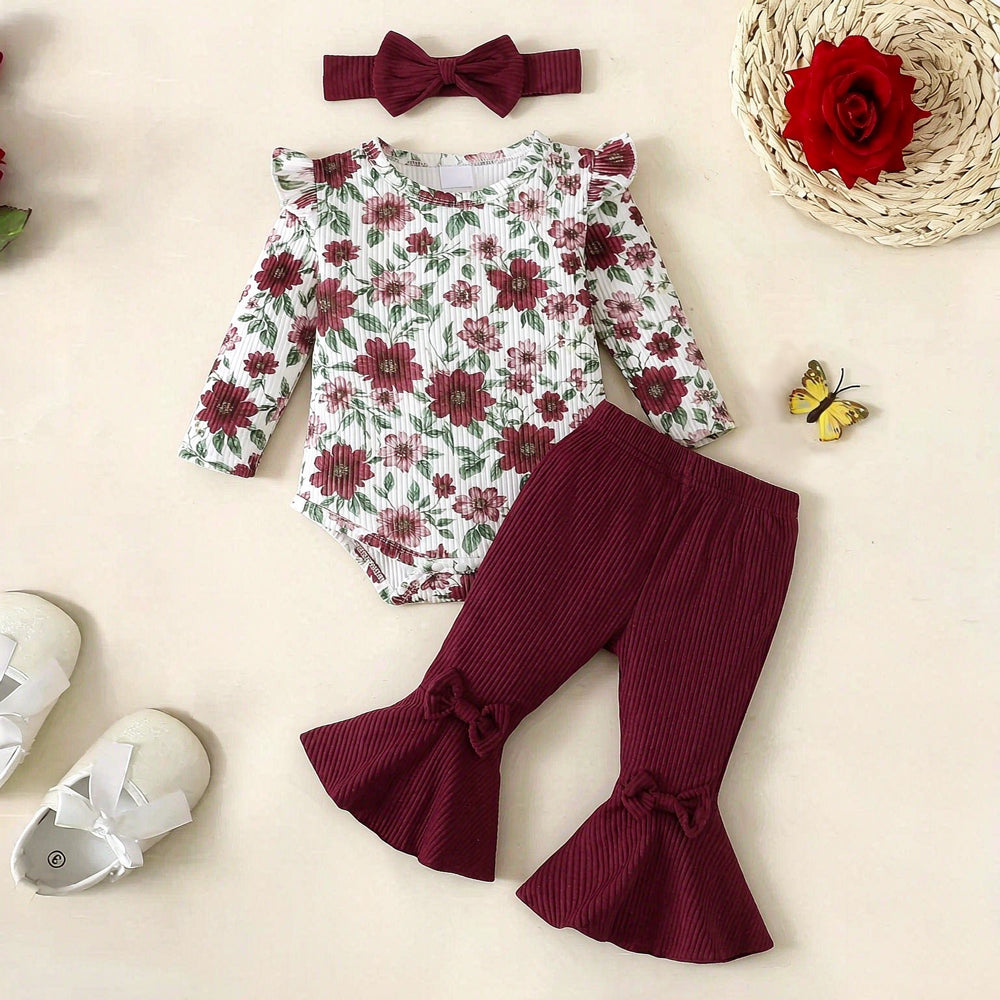 3PCS Bold All Over Floral Print Long Sleeve Baby Girl Set
