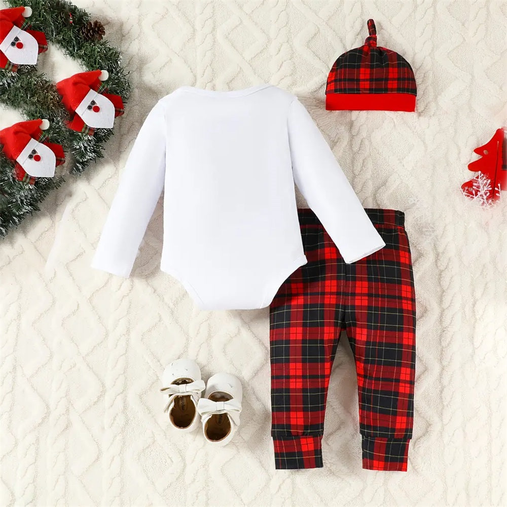 3PCS My 1st Christmas Letter Print Plaid Long Sleeve Baby Set