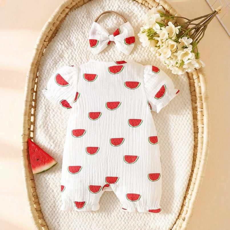 2PCS Cute Watermelon Print Short Sleeve Baby Jumpsuit