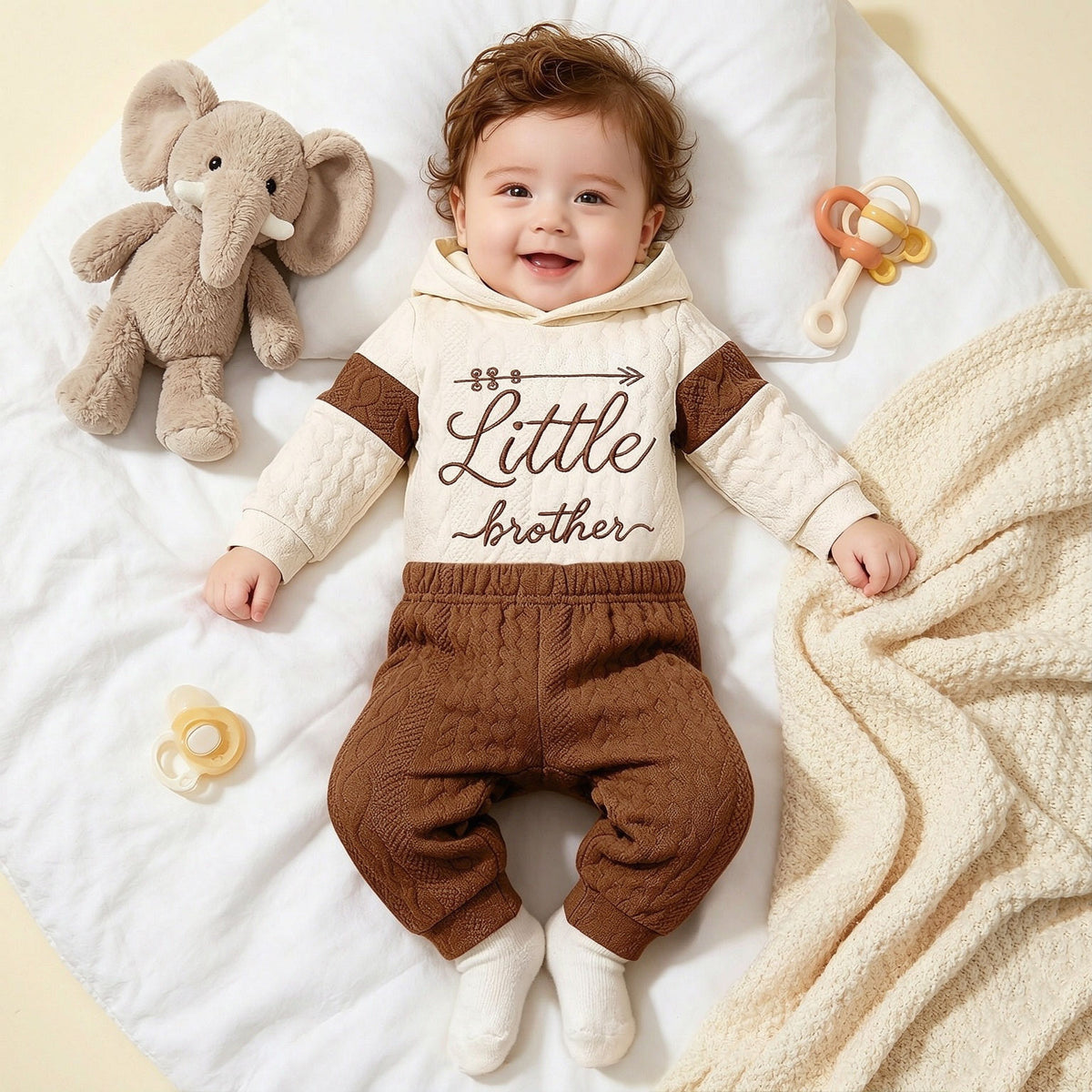 2PCS Little Brother Letter Color Block Hoodie Long Sleeve Baby Set