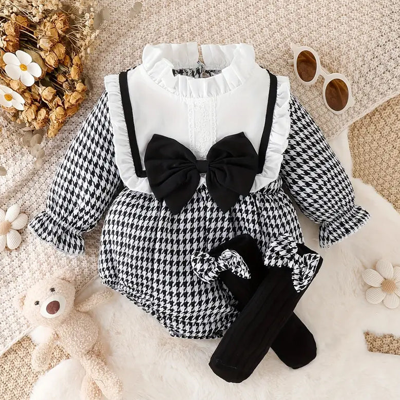 2PCS Lovely Houndstooth Printed Bow Long Sleeve Baby Romper