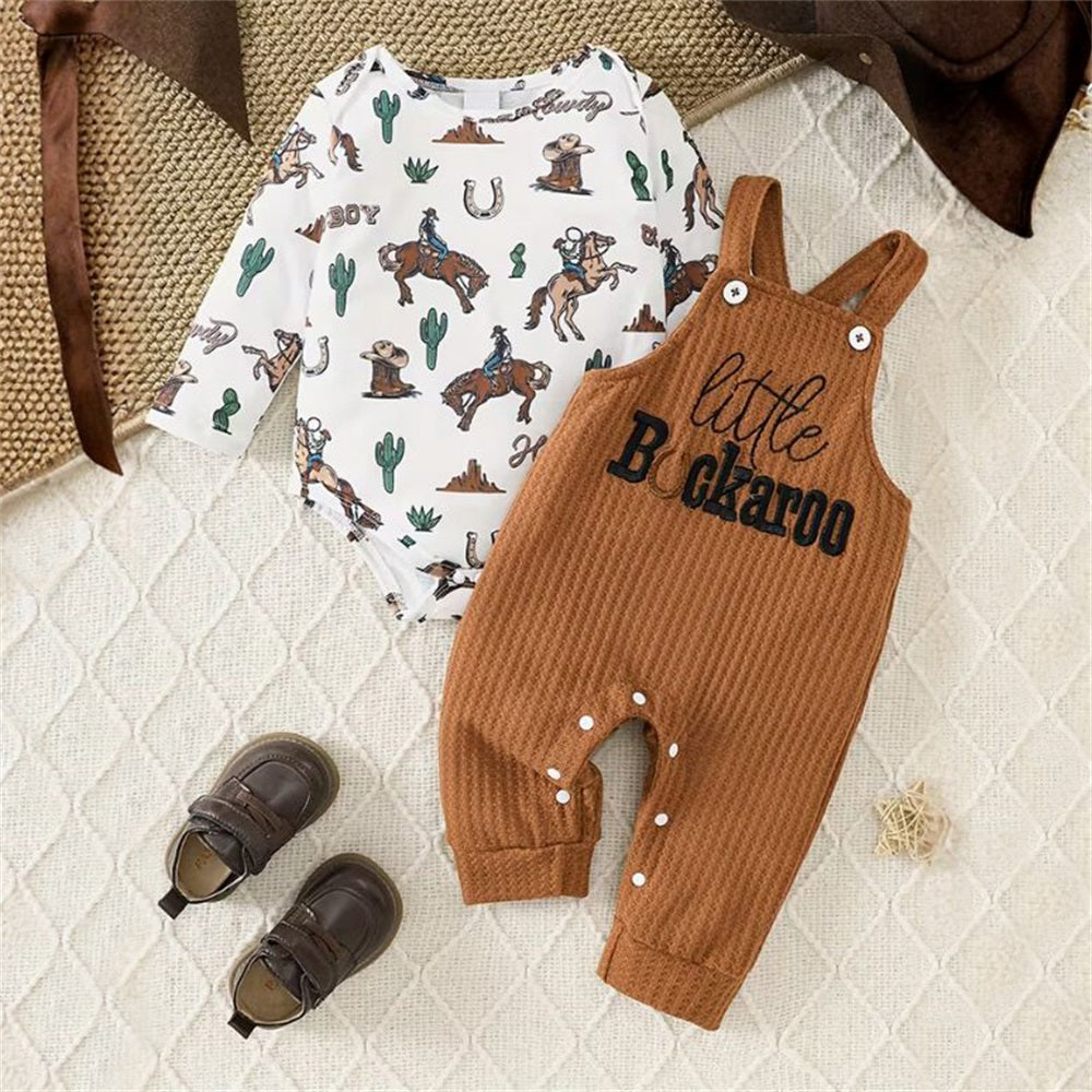 2PCS Cowboy Letter Print Long Sleeve Baby Overalls Set