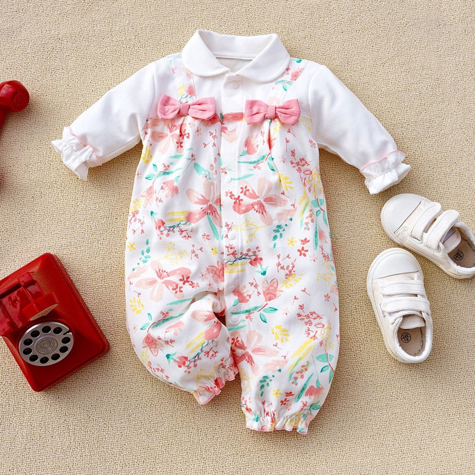 Casual Floral Printed Bow Long Sleeve Baby Girl Jumpsuit