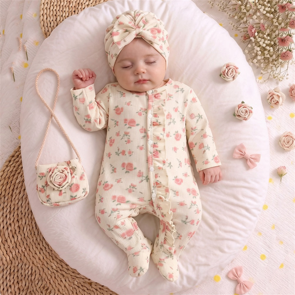 2PCS Comfy Floral Printed Ruffle Long Sleeve Baby Girl Jumpsuit