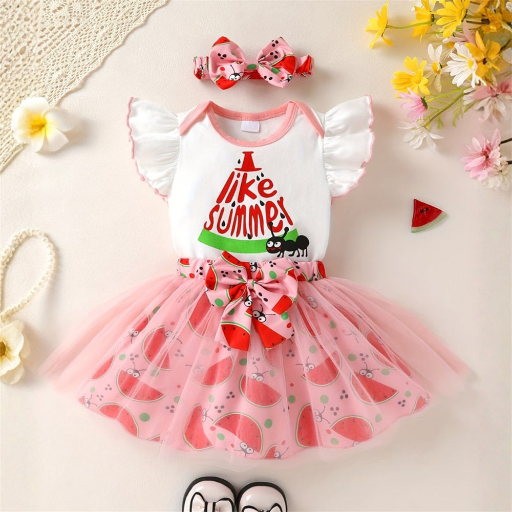 3PCS Like Summer Letter Watermelon Printed Fly Sleeve Tulle Skirt Baby Set