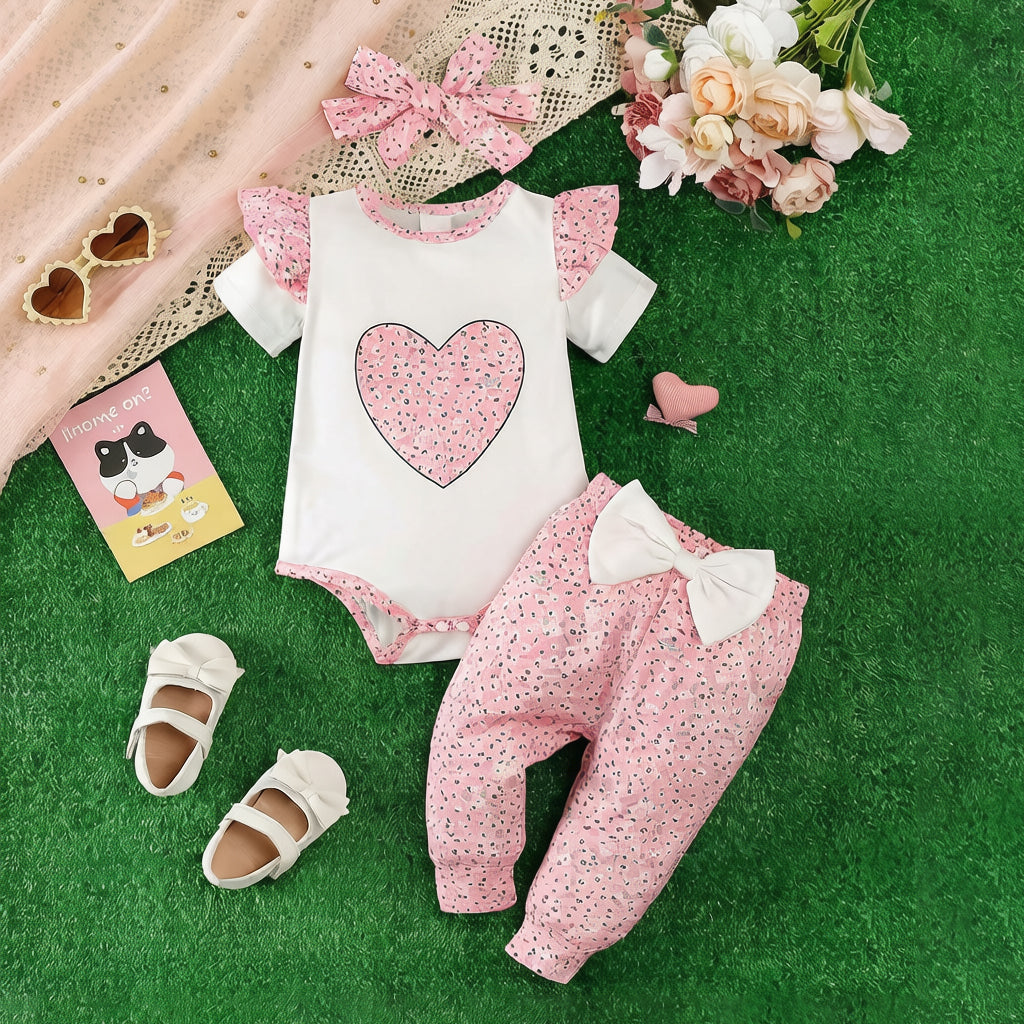 3PCS Charming Heart Print Short Sleeve Baby Set