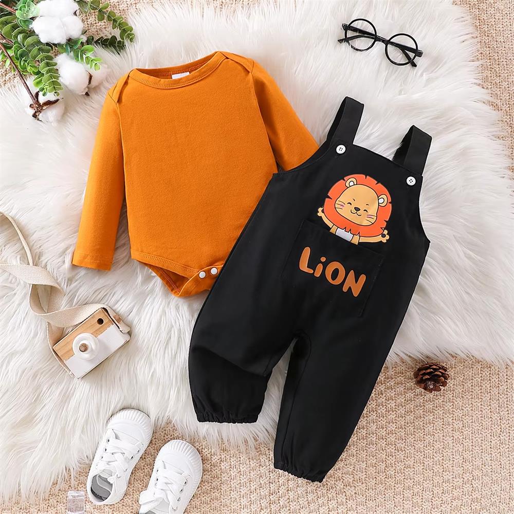 2PCS Cute Lion Print Long Sleeve Baby Overalls Set