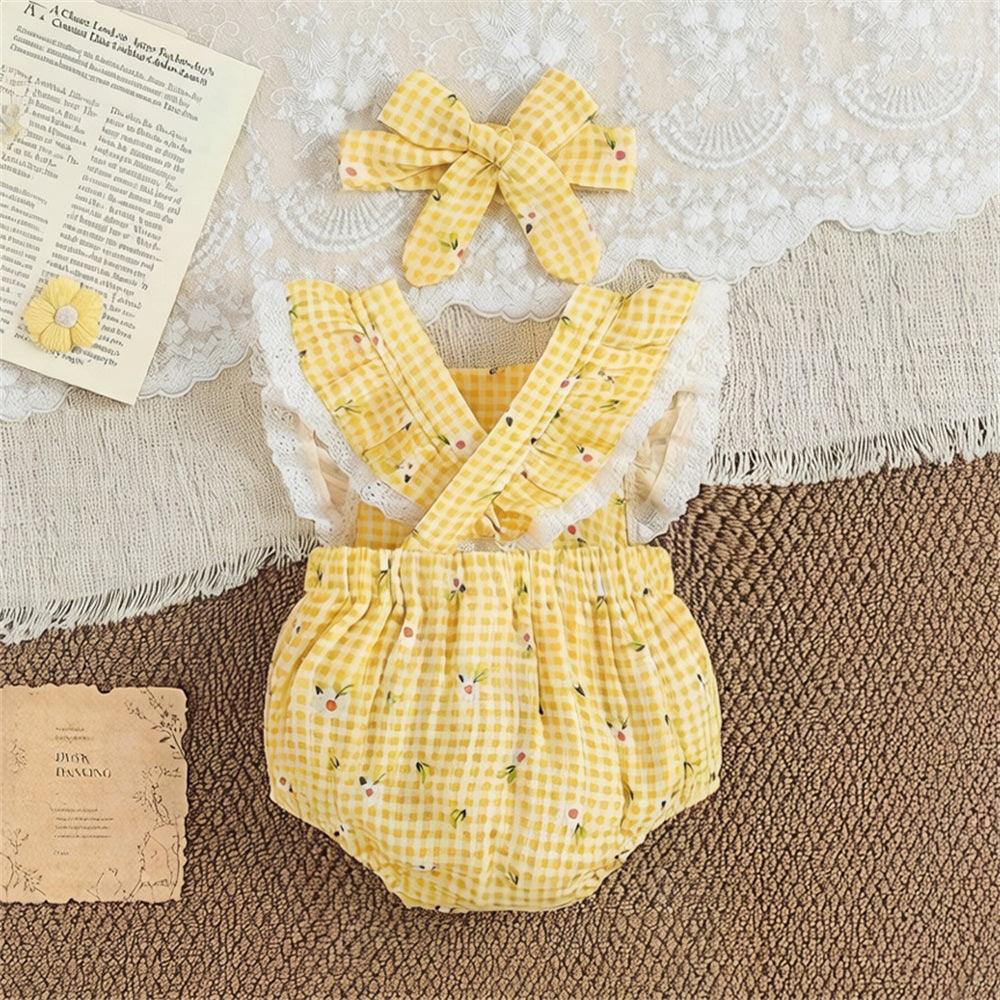 2PCS Cute Floral Printed Plaid Flounce Sleeve  Baby Romper
