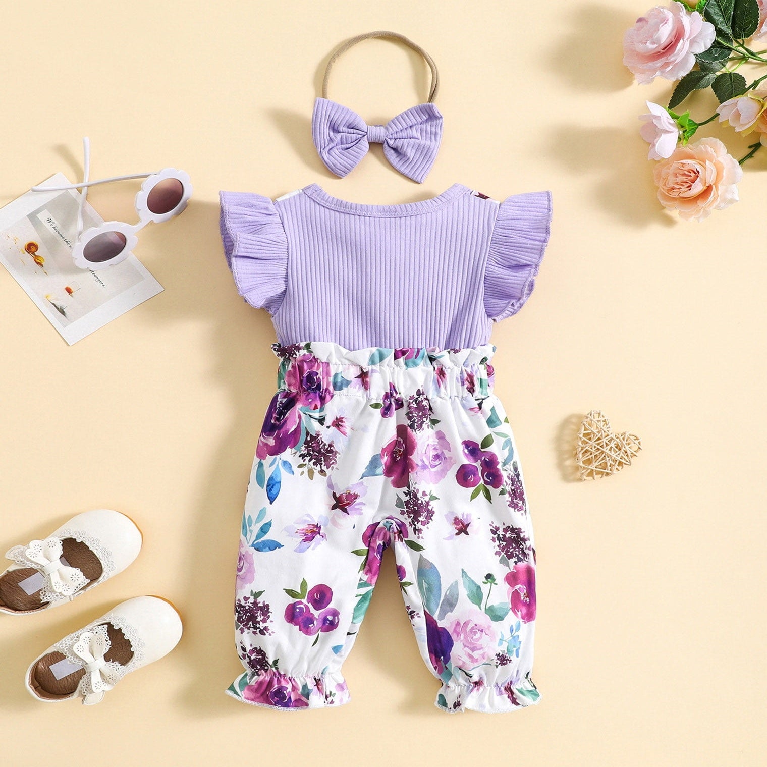 2PCS Grace Floral Printed Bow Baby Jumpsuit