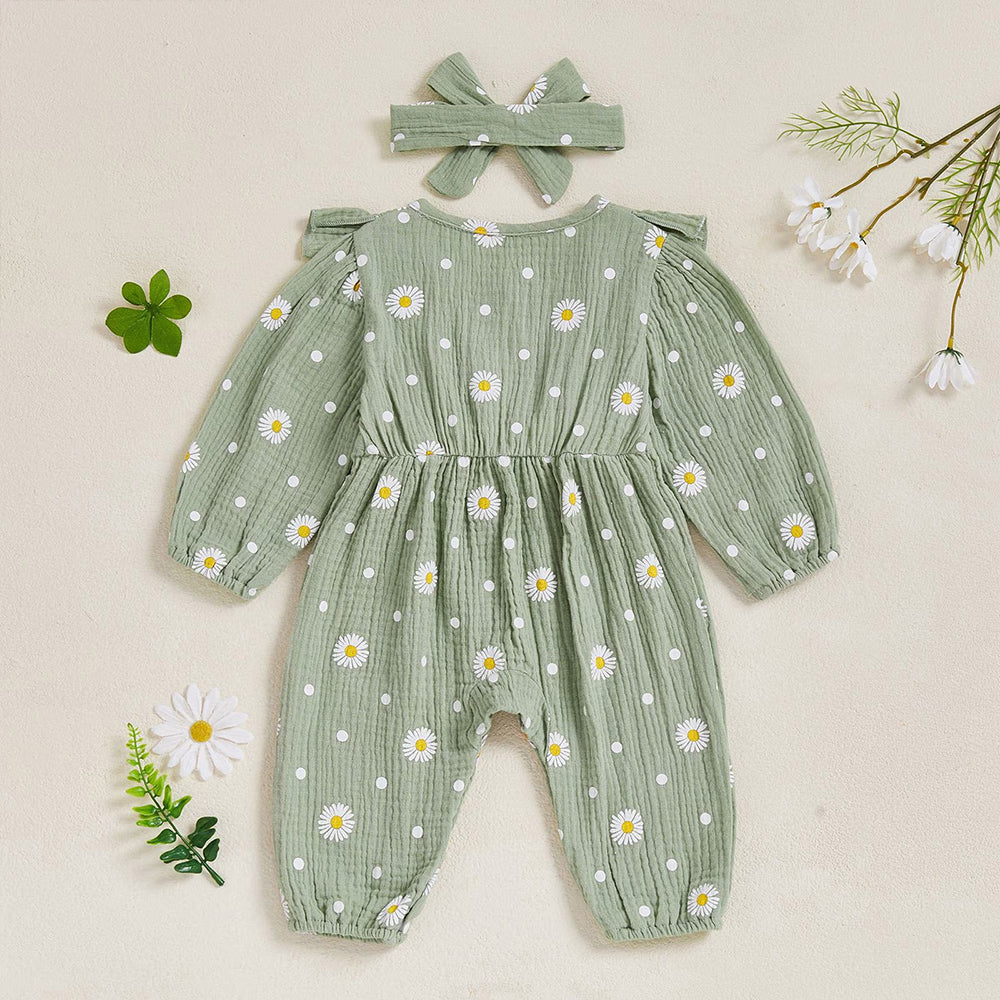 2PCS Timeless Daisy Printed Long Sleeve Baby Girl Jumpsuit