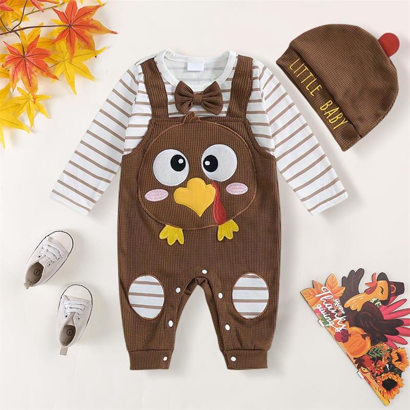 2PCS Cute Turkey Print Striped Long Sleeve Baby Jumpsuit