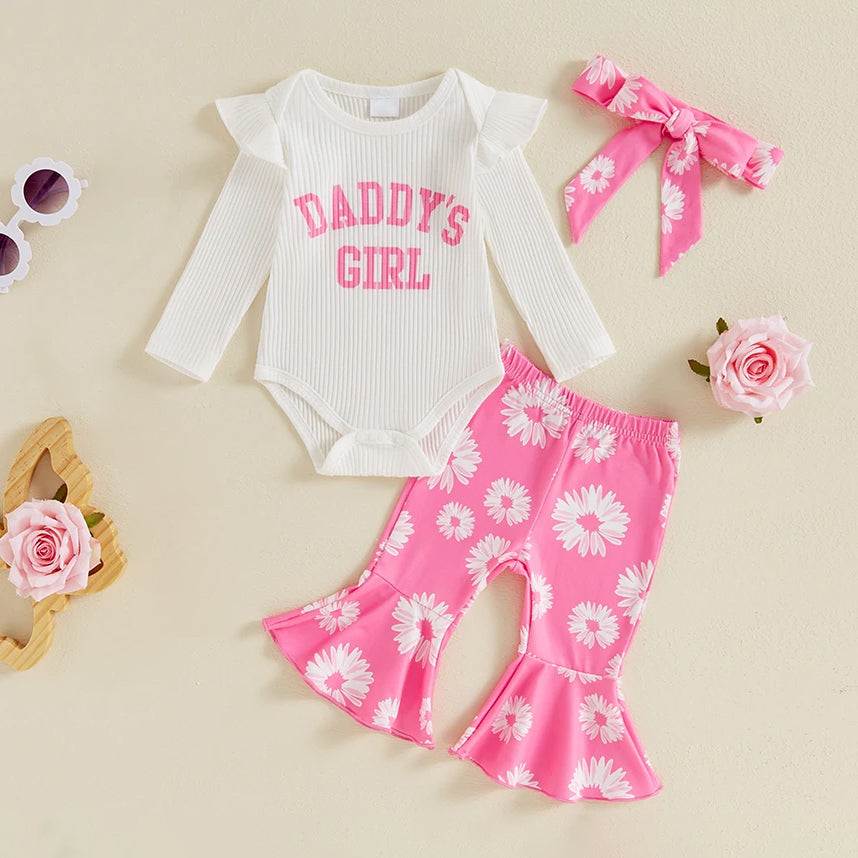 3PCS Daddy's Girl Letter Floral Printed Long Sleeve Baby Set
