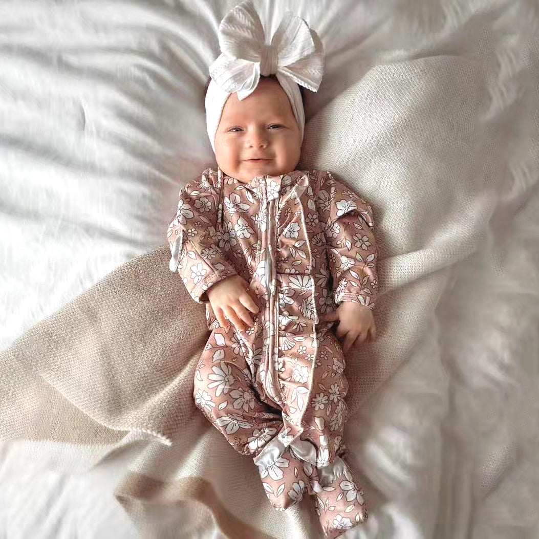 Lovely Floral Printed Ruffle Decoration Zipper Long Sleeve Baby Jumpsuit