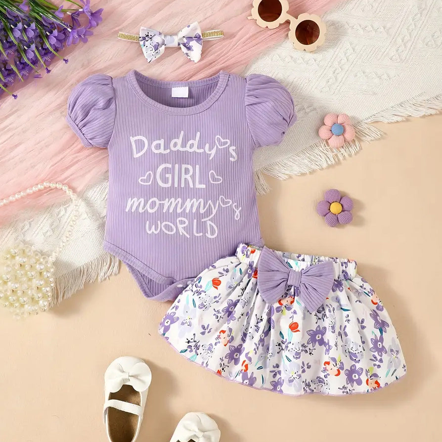 3PCS Daddy's Girl Mommy's World Letter Floral Print Puff Sleeve Baby Set