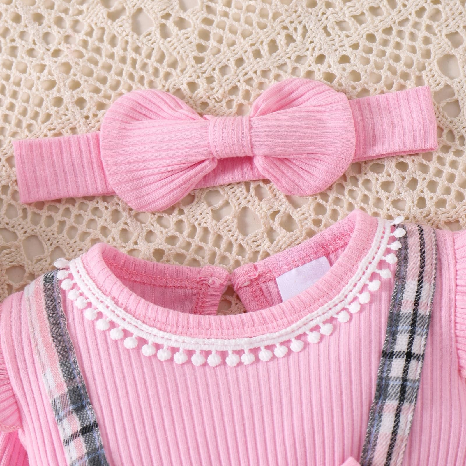 2PCS Sweet Plaid Printed Bowknot Long Sleeve Baby Jumpsuit