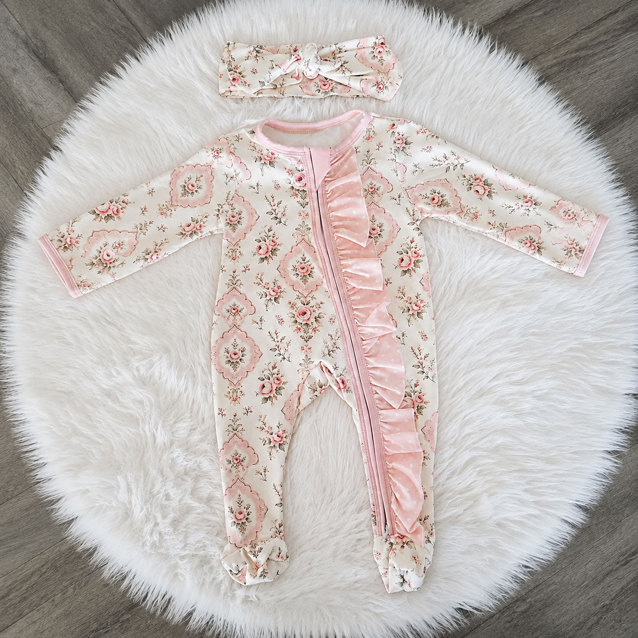 2PCS Sweet Floral Printed Zipper Long Sleeve Baby Jumpsuit