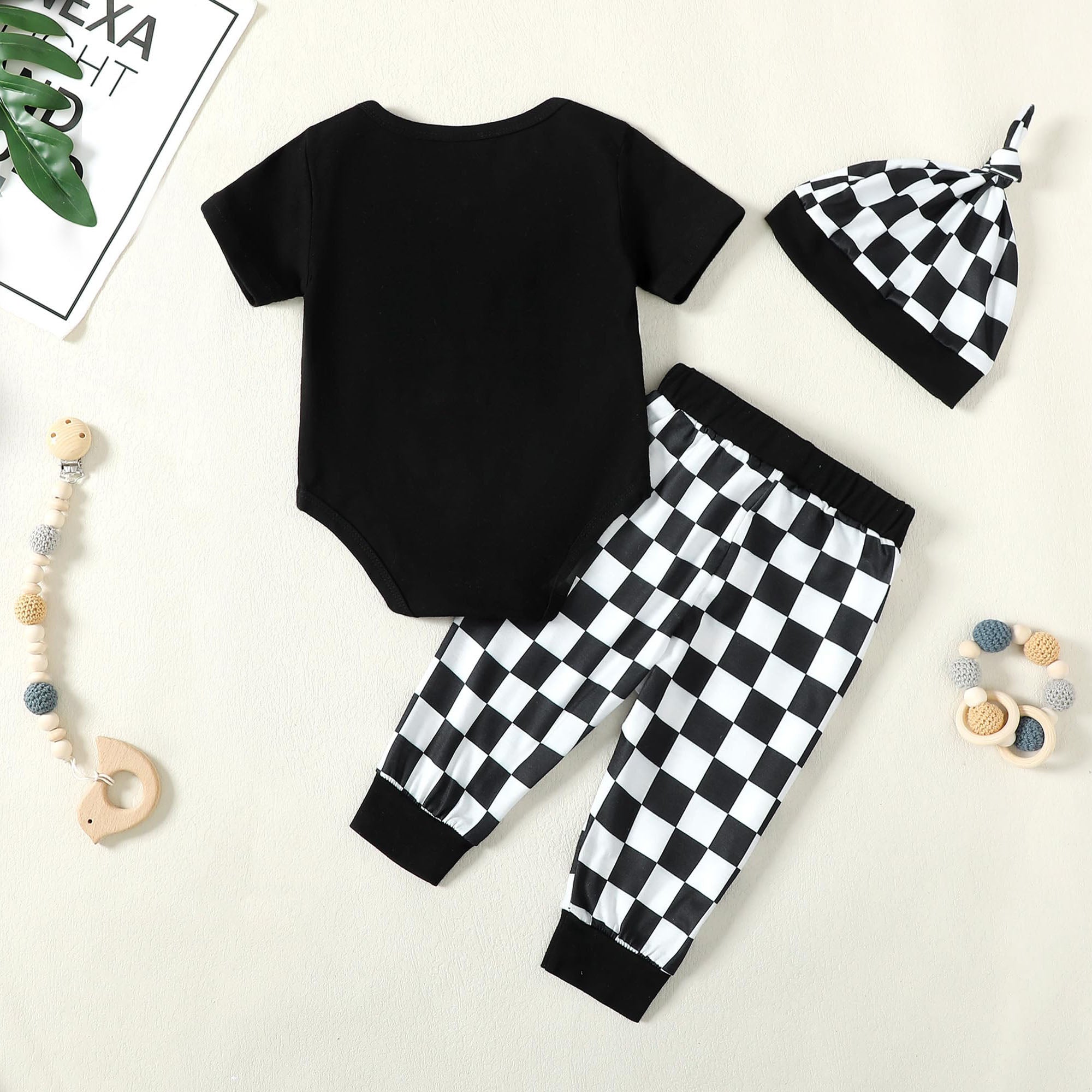 3PCS Cooler Version of Dad Letter Plaid Printed Baby Set