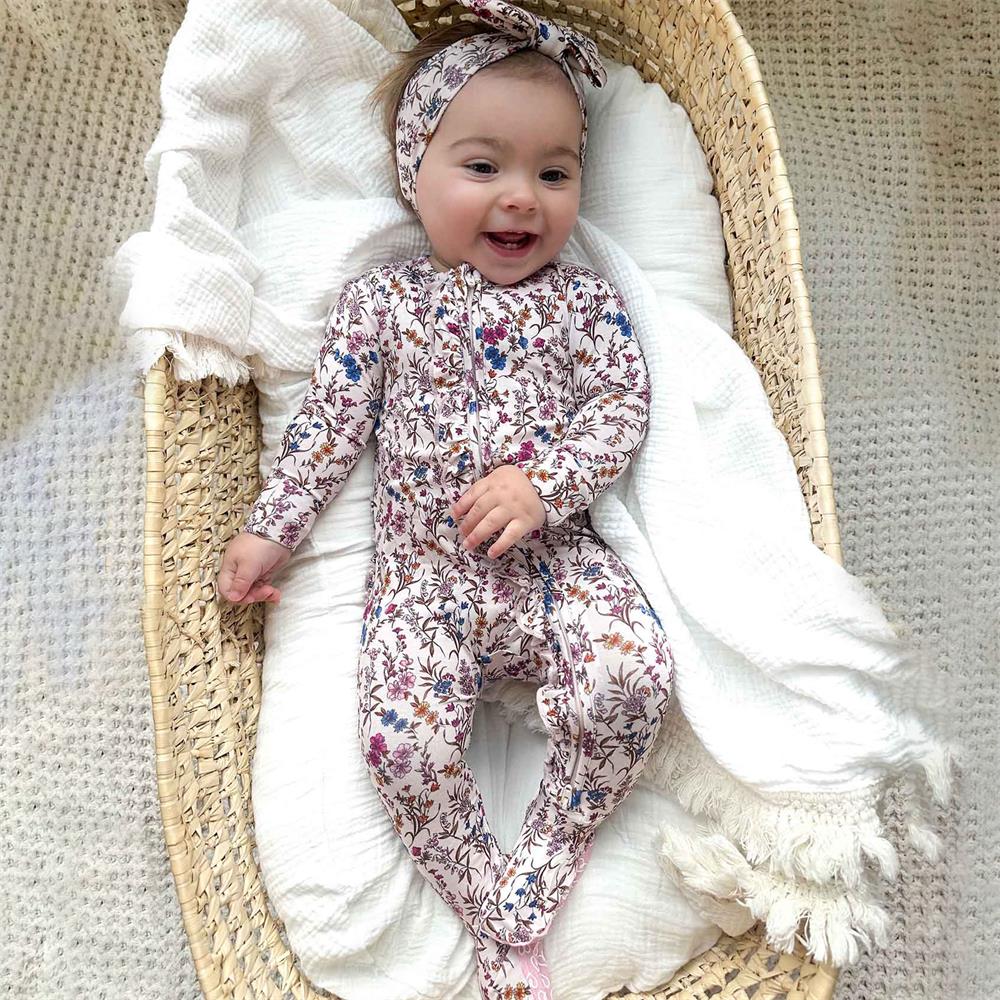 2PCS Allover Floral Printed Long Sleeve Baby Jumpsuit