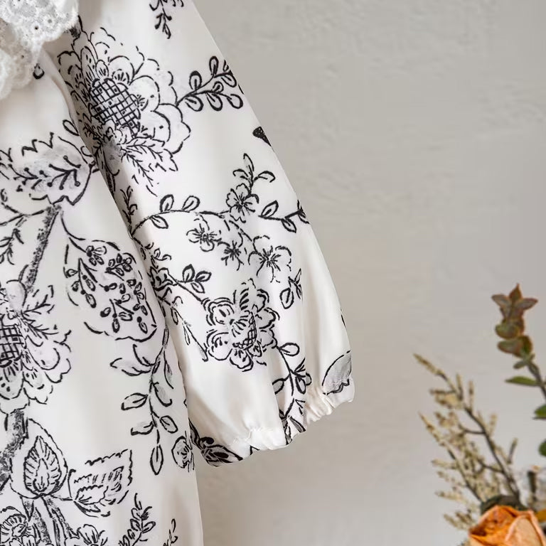 2PCS Vintage Floral Print Lace Eyelet Long Sleeve Baby Girl Romper