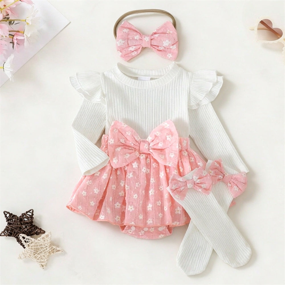 3PCS Winsome Floral Printed Bow Baby Girl Romper