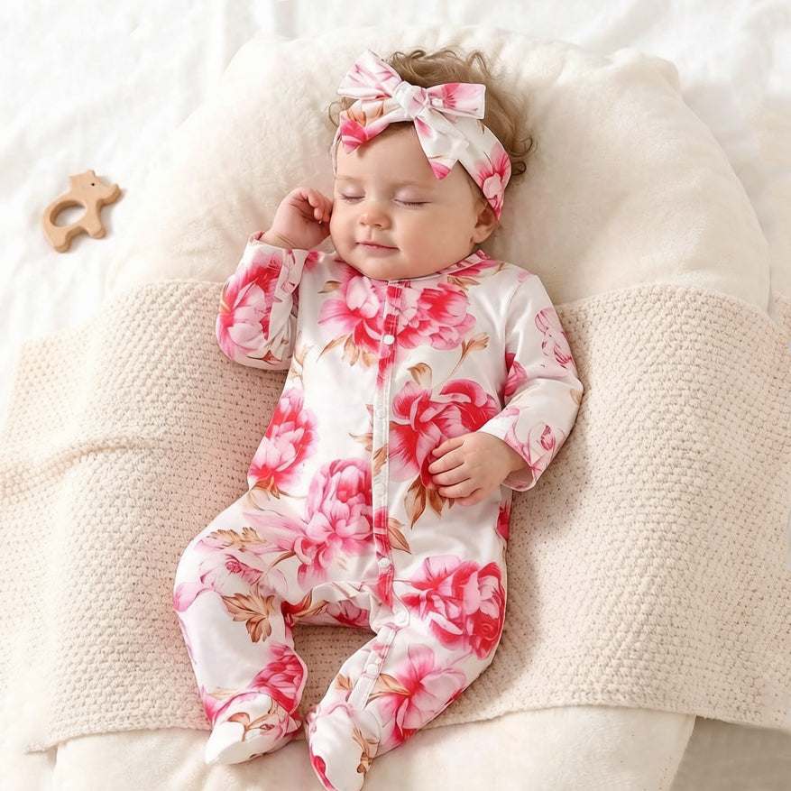 2PCS Gorgeous Floral Printed Long Sleeve Baby Jumpsuit