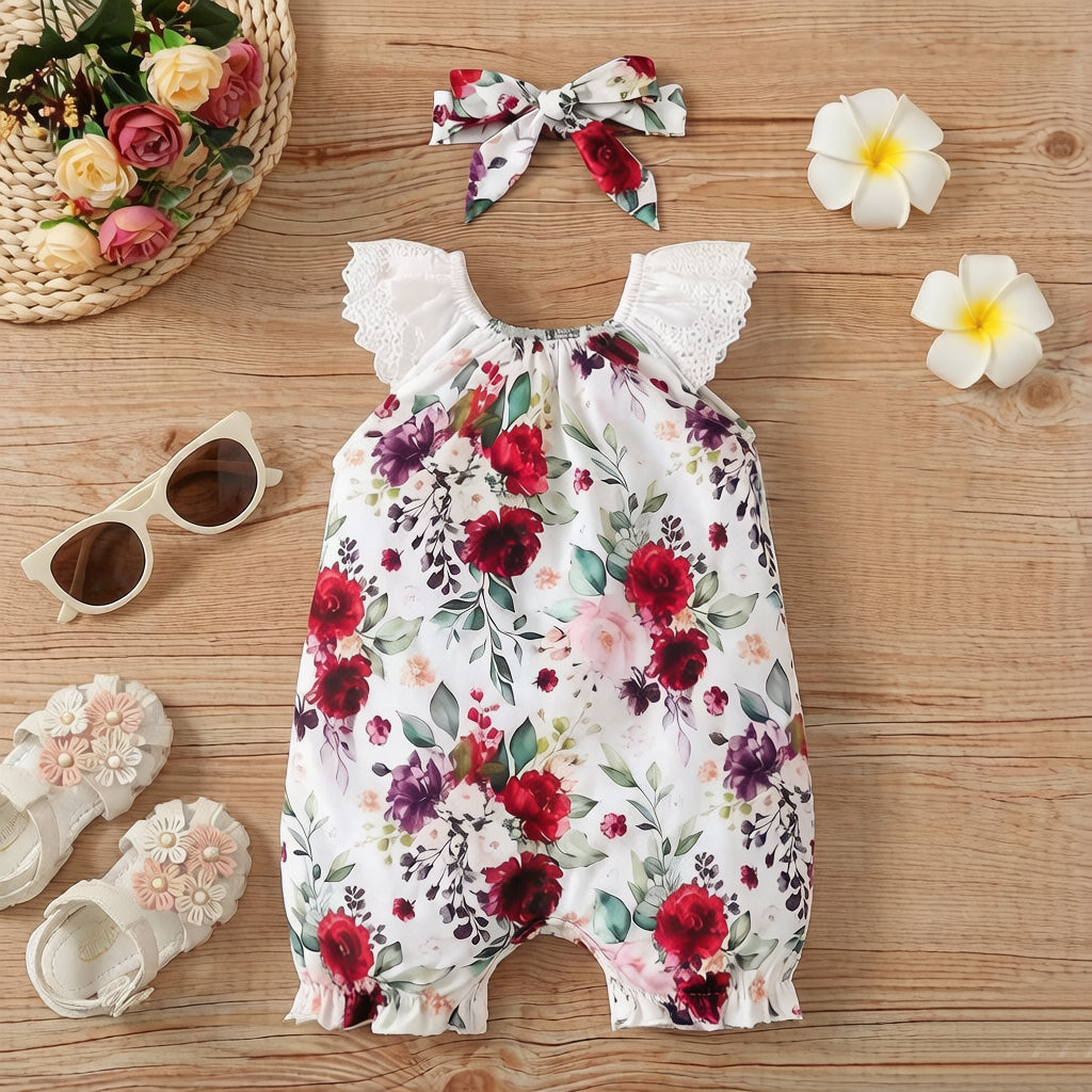 2PCS Charming Floral Print Flutter Sleeve Baby Jumpsuit