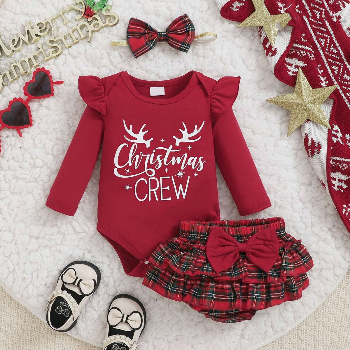 3PCS Christmas Crew Letter Plaid Print Long Sleeve Baby Set