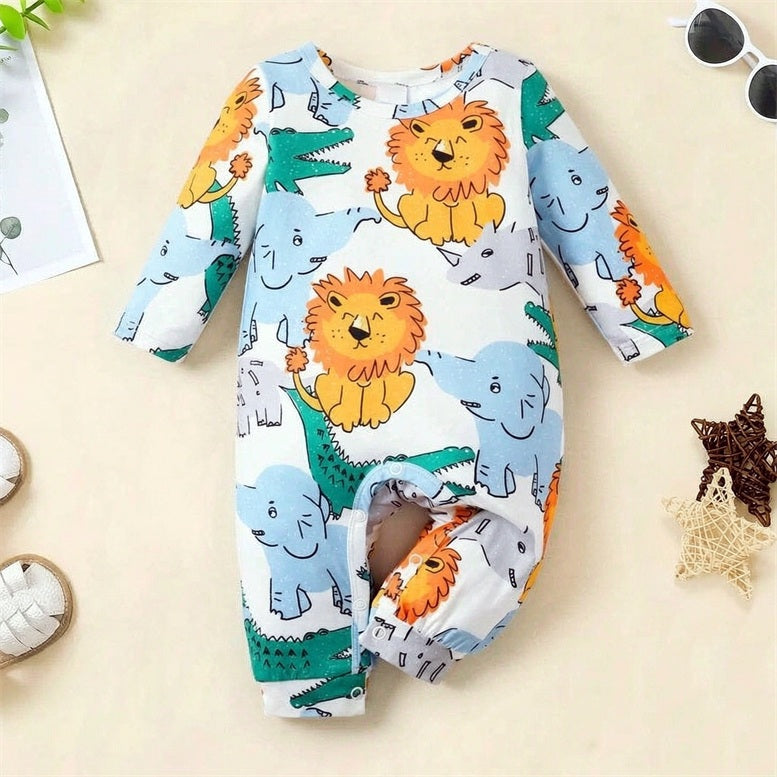 Adorable Lion Elephant Print Long Sleeve Baby Jumpsuit