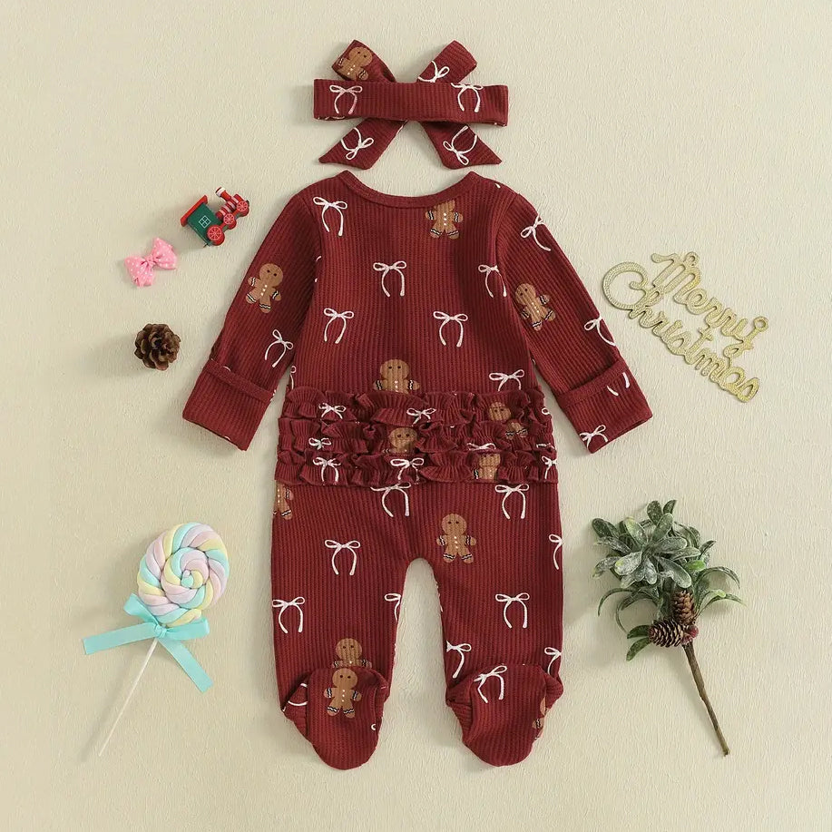 2PCS Christmas Cookie Bow Printed Ruffles Zipper Baby Jumpsuit