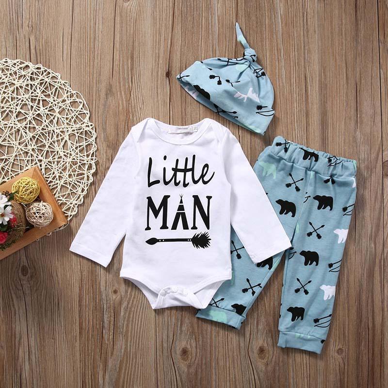 3PCS Little Man Bear Printed Long Sleeve Baby Boy Set