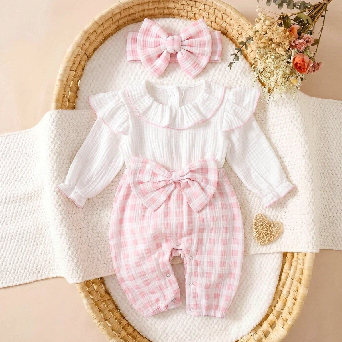 2PCS Pretty Baby Girl Plaid Print Bow Long Sleeve Jumpsuit