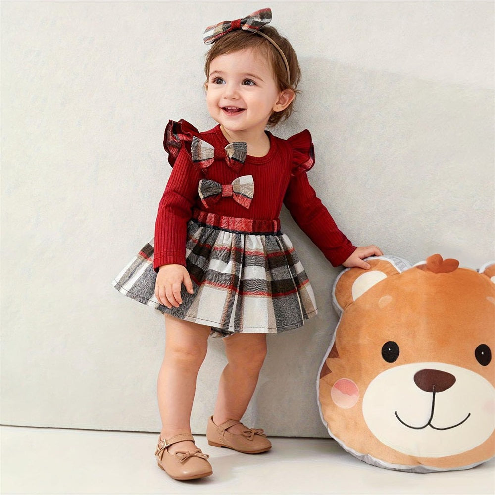 2PCS Casual Plaid Print Bow Decoration Long Sleeve Baby Romper