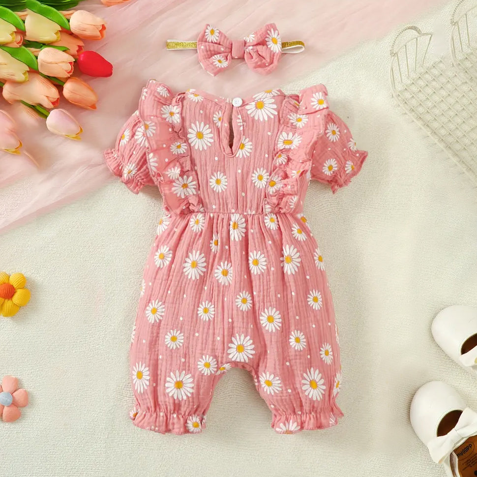 2PCS Cute Daisy Print Bow Short Sleeve Baby Jumpsuit
