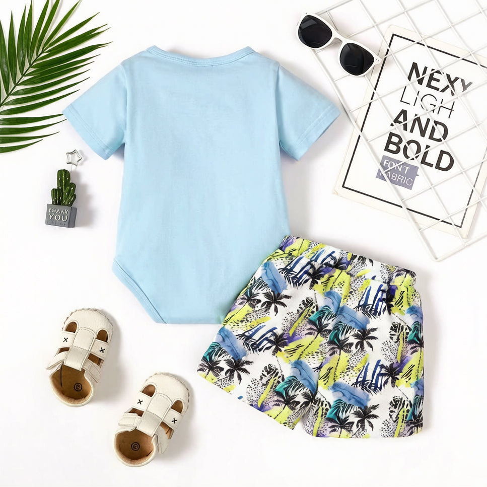 2PCS Stylish Shark Coconut Tree Printed Short Sleeve Baby Set