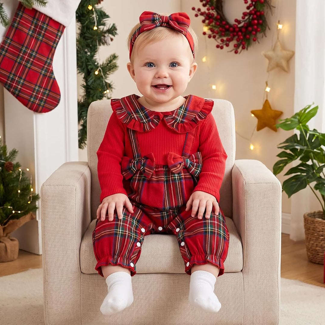 2PCS Cheerful Plaid Print Bow Long Sleeve Baby Girl Jumpsuit