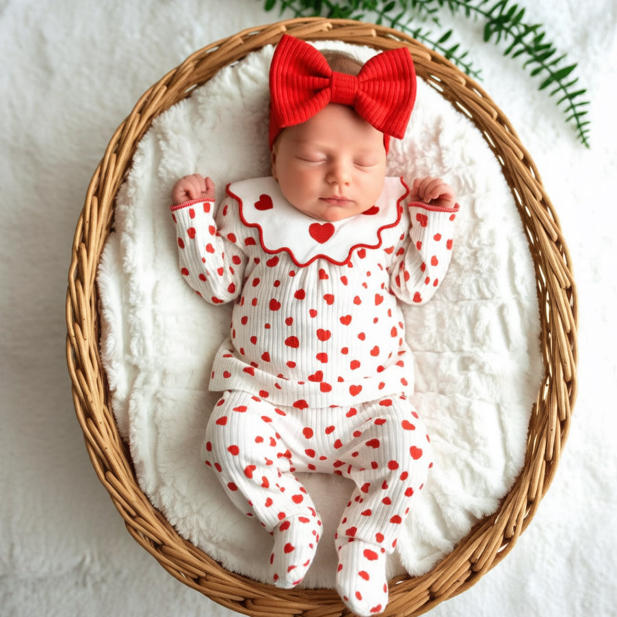 3PCS Cute Heart Print Ruffled Collar Long Sleeve Baby Set