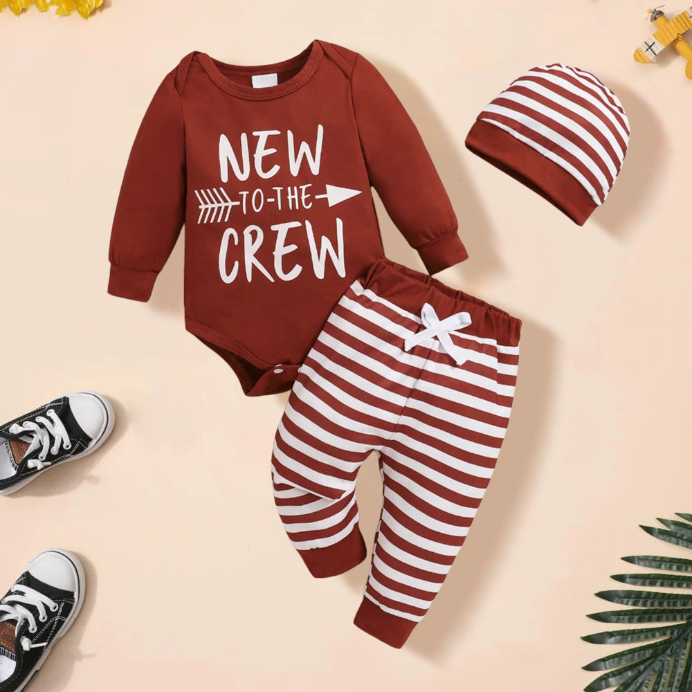 3PCS New To The Crew Letter Print Striped Baby Set