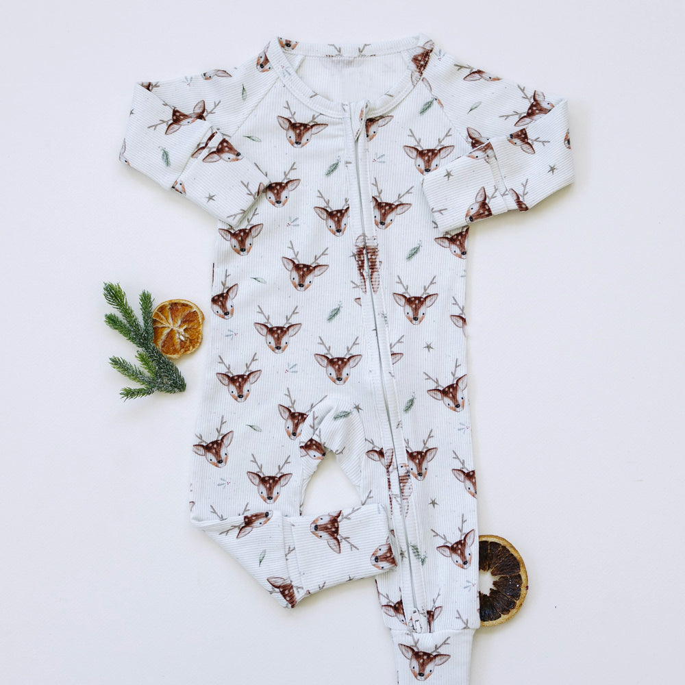 Cute Reindeer Printed Ribbed Zippy Baby Jumpsuit