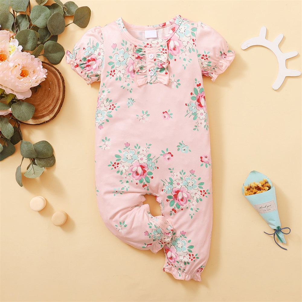 Lovely Floral Printed Short Sleeve Baby Jumpsuit