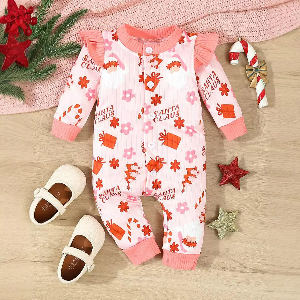 Pretty Santa Claus Letter Christmas Printed Long Sleeve Baby Jumpsuit