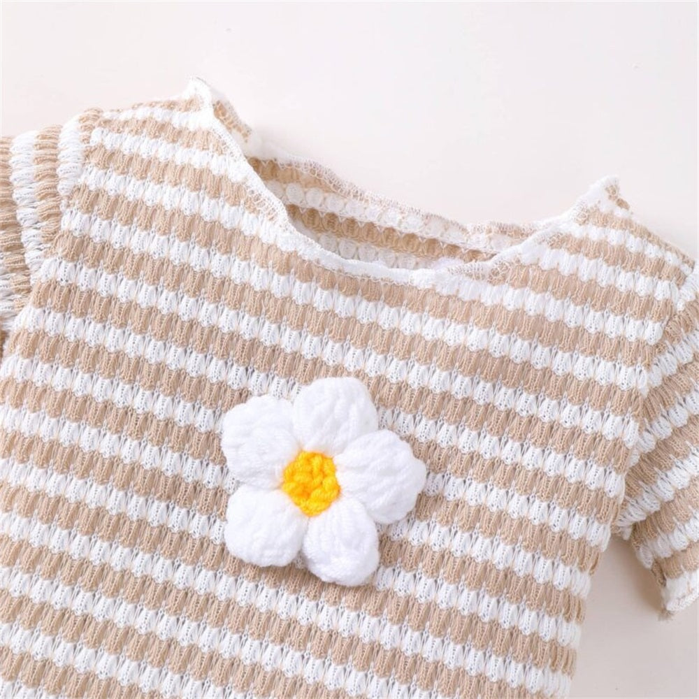 4PCS Floral Embroidery Striped Short Sleeve Baby Set
