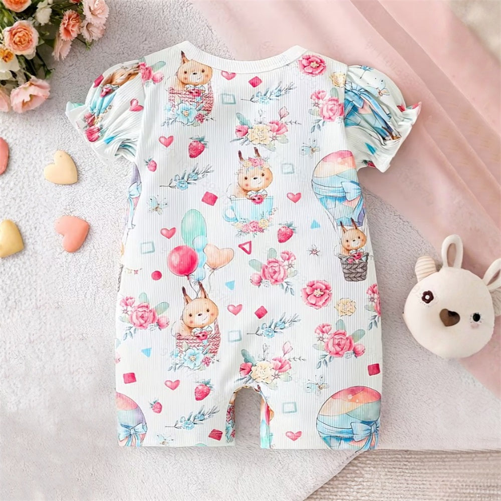 Animal Hot Air Balloon Printed Ruffle Bubble Sleeves Baby Jumpsuit