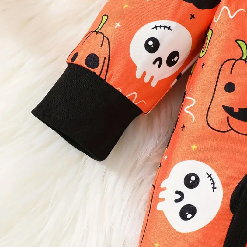 2PCS Pumpkin Skull Print Long Sleeve Baby Jumpsuit