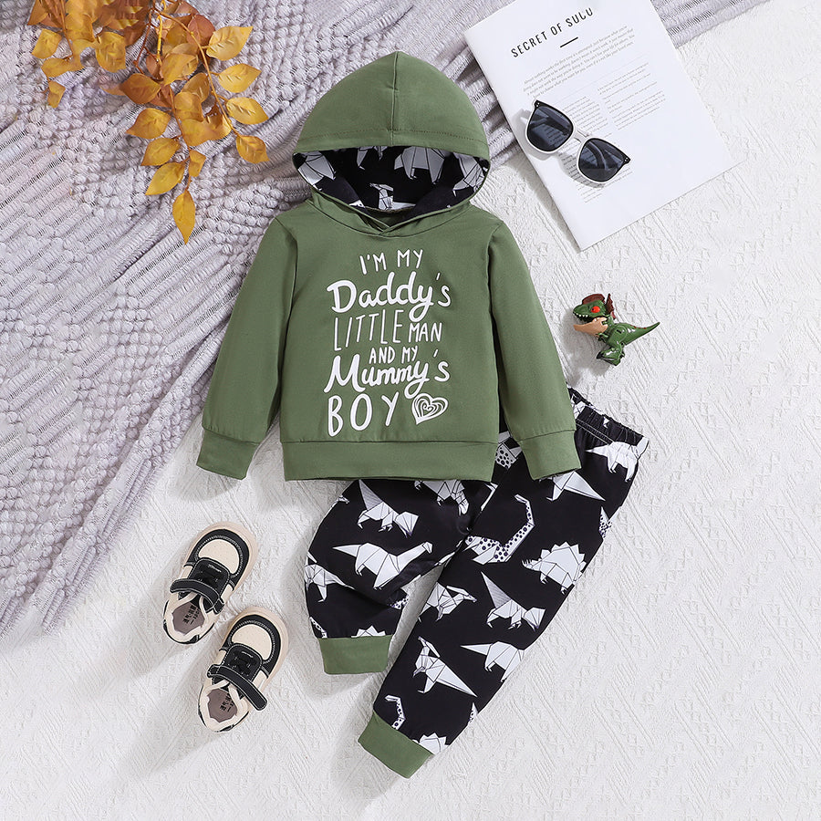 2PCS Cool I'M My Daddy's Little Man Letter Dinosaur Printed Hooded Baby Set