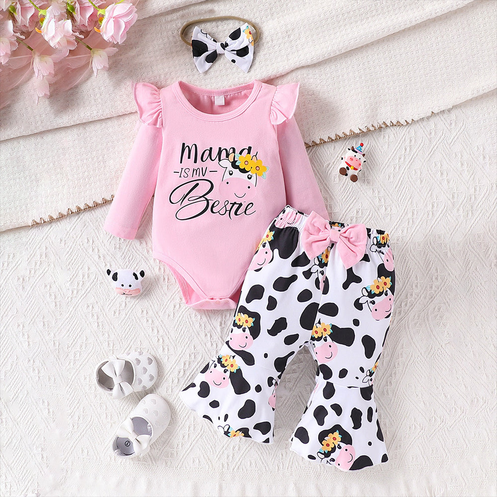 3PCS Mama's Is My Bestie Letter Cow Print Baby Set
